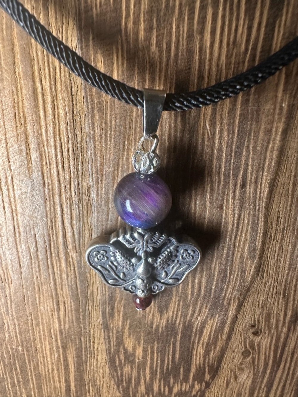 Silver Moth Charm Pendant Necklace with Garnet and Mystic Tiger’s Eye on Rope